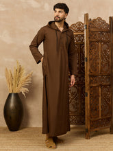 Men's Brown Thobe with Stylish Contrast Hood